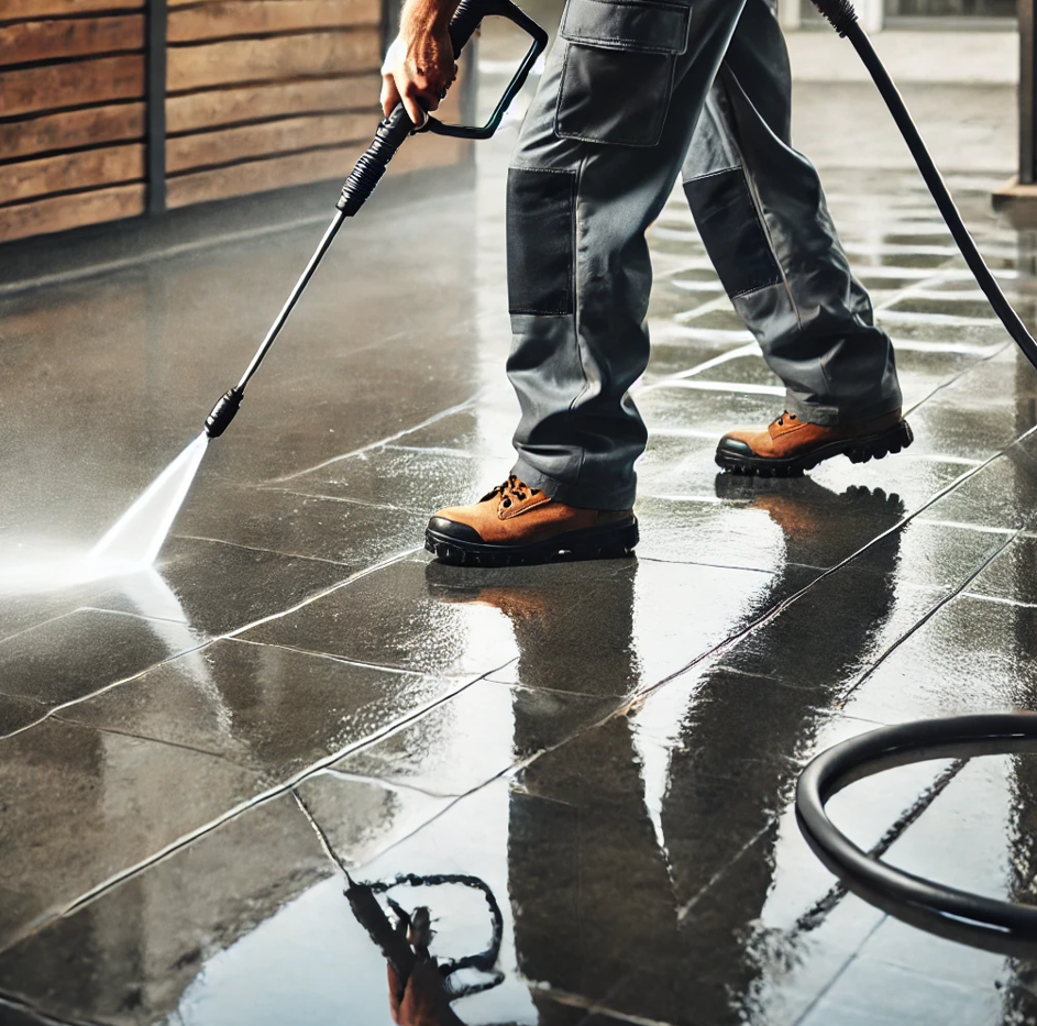 Een man reinigt een terras in Leiden met een professioneel hogedrukapparaat. Hij draagt een werkjas en beschermende brillen, terwijl water met hoge druk het vuil van de tegels spuit. 
